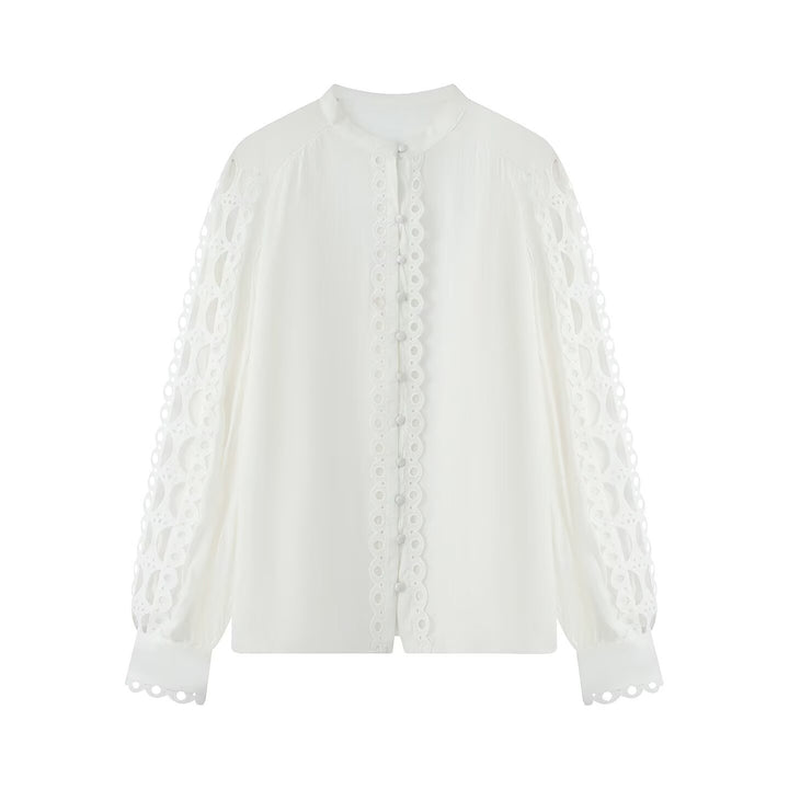 Damen Bluse mit Spitzen‑Cutouts, feiner Knopfleiste und Ballonärmeln Drune