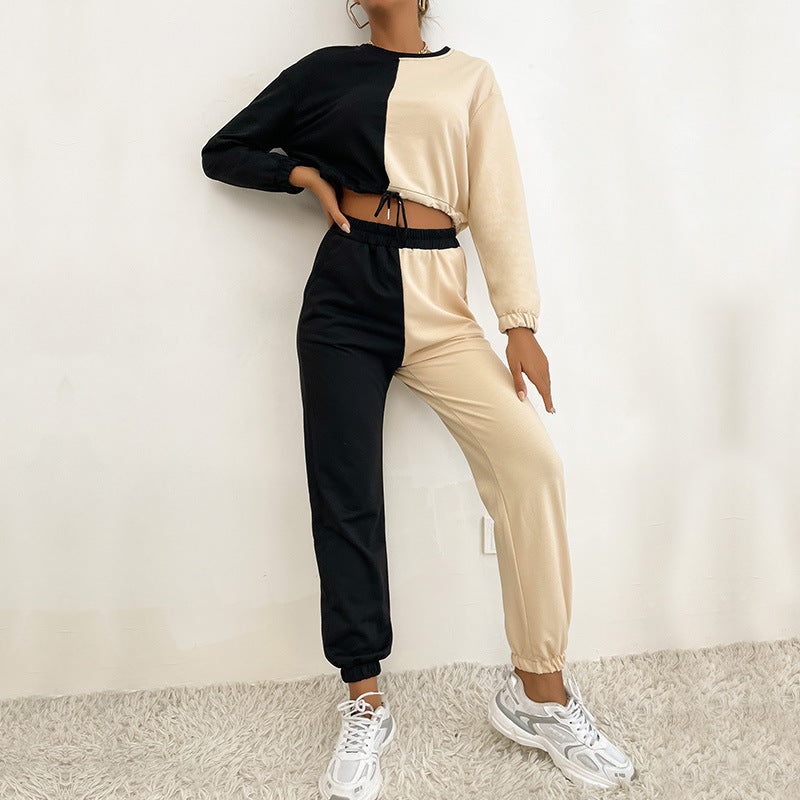 Damen Zweiteiliges Cropped-Lounge-Set mit Farbblock-Optik, Kordelzug und Jogger Drune