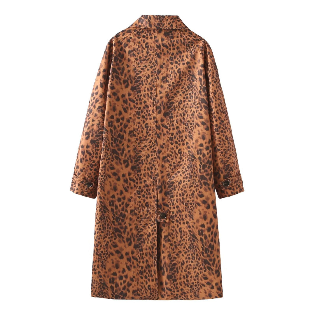 Damen nan langer Satin-Mantel im Leo-Print mit Reverskragen verdeckter Knopfleiste und Eingrifftaschen Drune