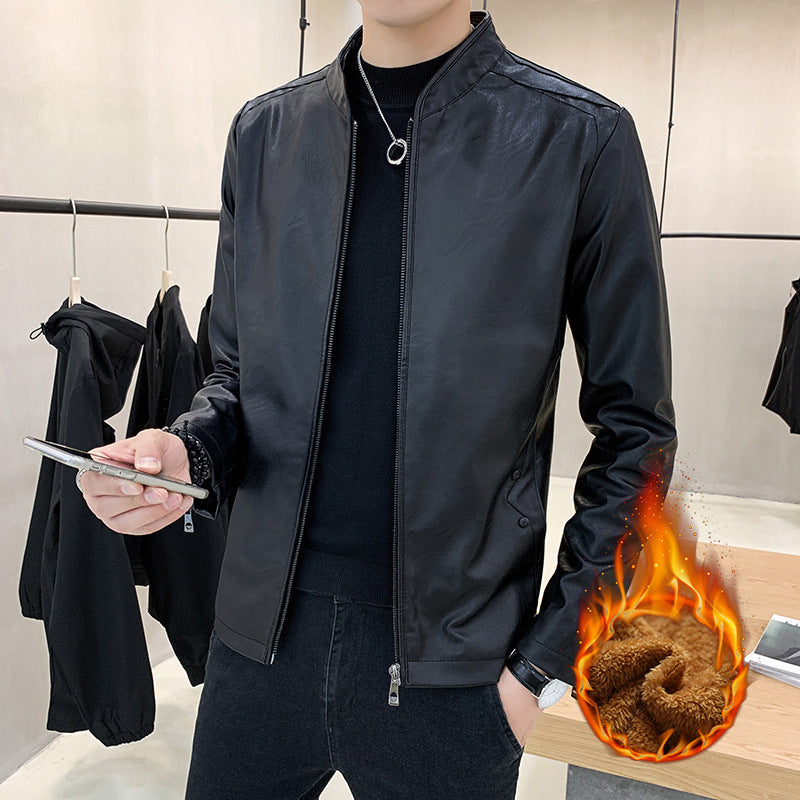 Herren Modische Kunstlederjacke mit Stehkragen und Reißverschlusstaschen Drune