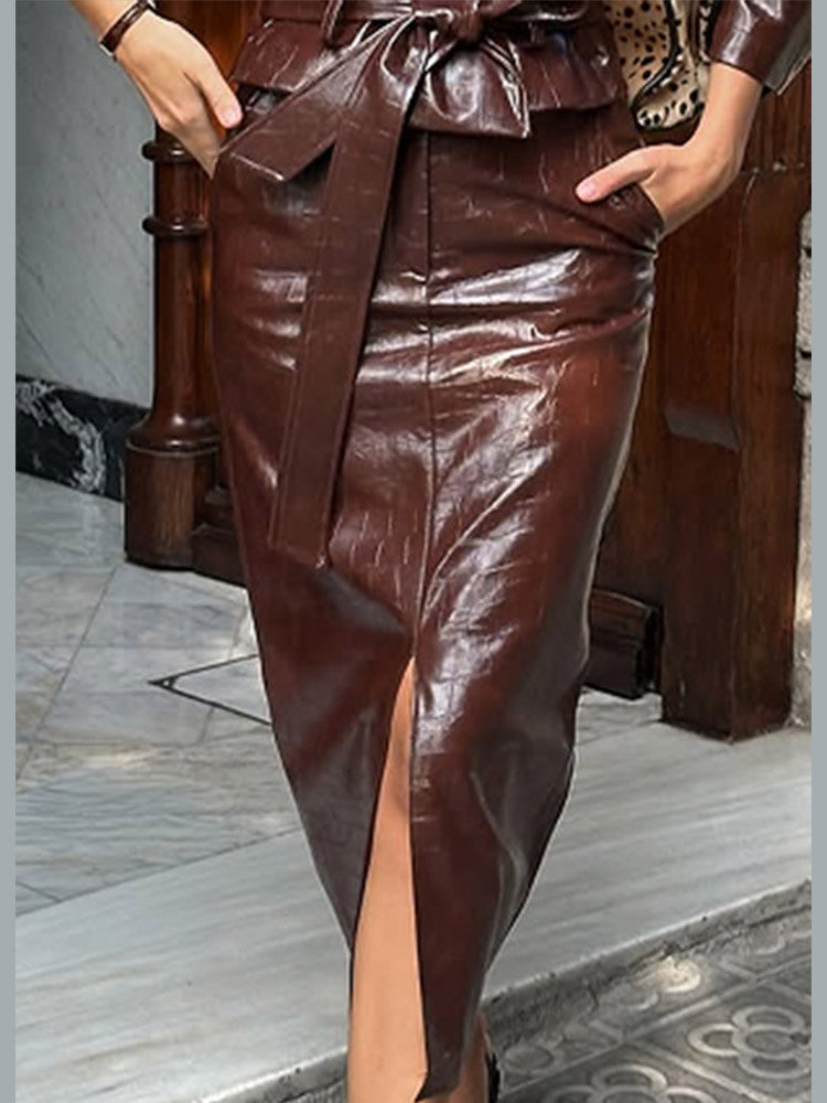 Damen Glänzender Krokoprägung-Trenchcoat mit Taillengürtel und breitem Revers Drune