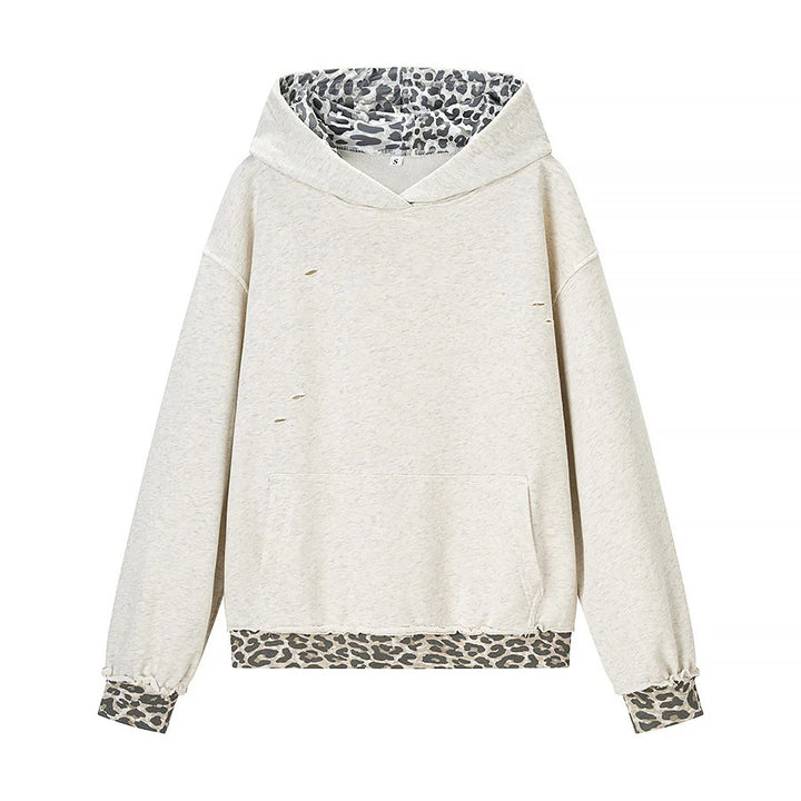 Damen nan weites Kapuzen‑Sweatshirt mit Leomuster‑Futter, Kängurutasche und Vintage‑Effekt Drune