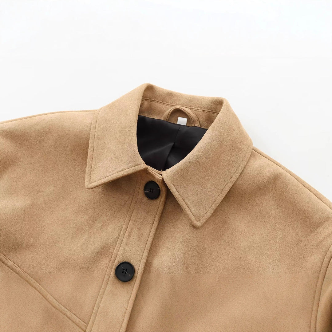 Damen Cropped-Boxy-Übergangsjacke in Veloursoptik mit Hemdkragen und aufgesetzten Taschen Drune