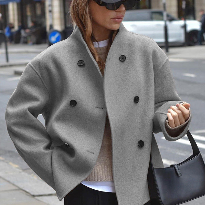 Damen Kurz geschnittener Oversize-Wollmantel mit doppelreihiger Knopfleiste und Stehkragen Drune