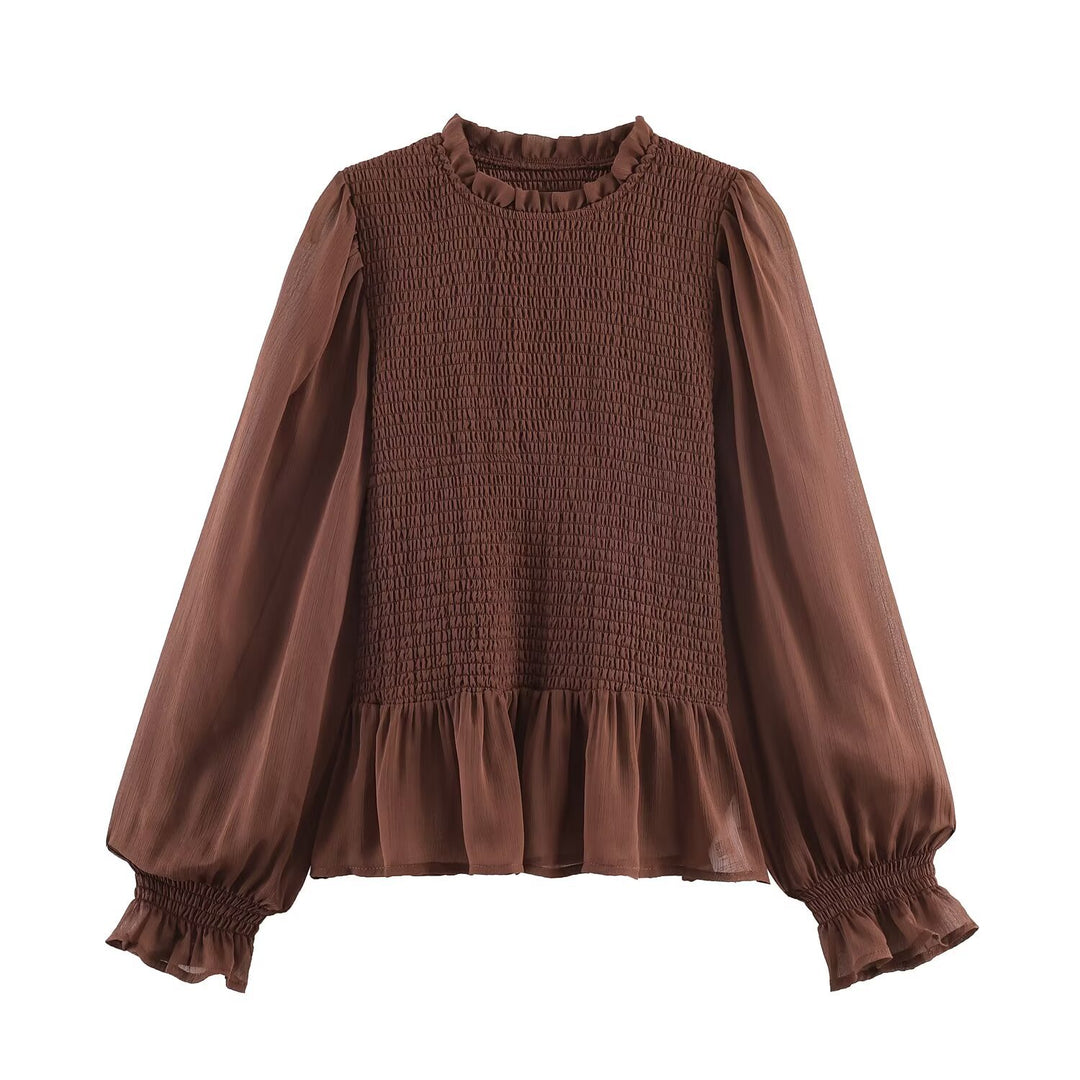 Damen Chiffonbluse mit Smokoberteil, voluminösen Ballonärmeln und Rüschenkragen Drune
