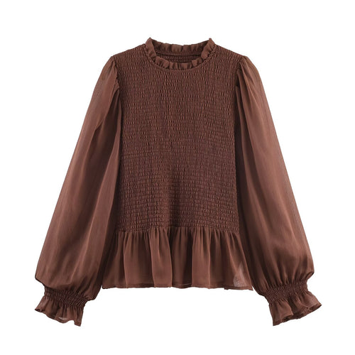Damen Chiffonbluse mit Smokoberteil, voluminösen Ballonärmeln und Rüschenkragen Drune