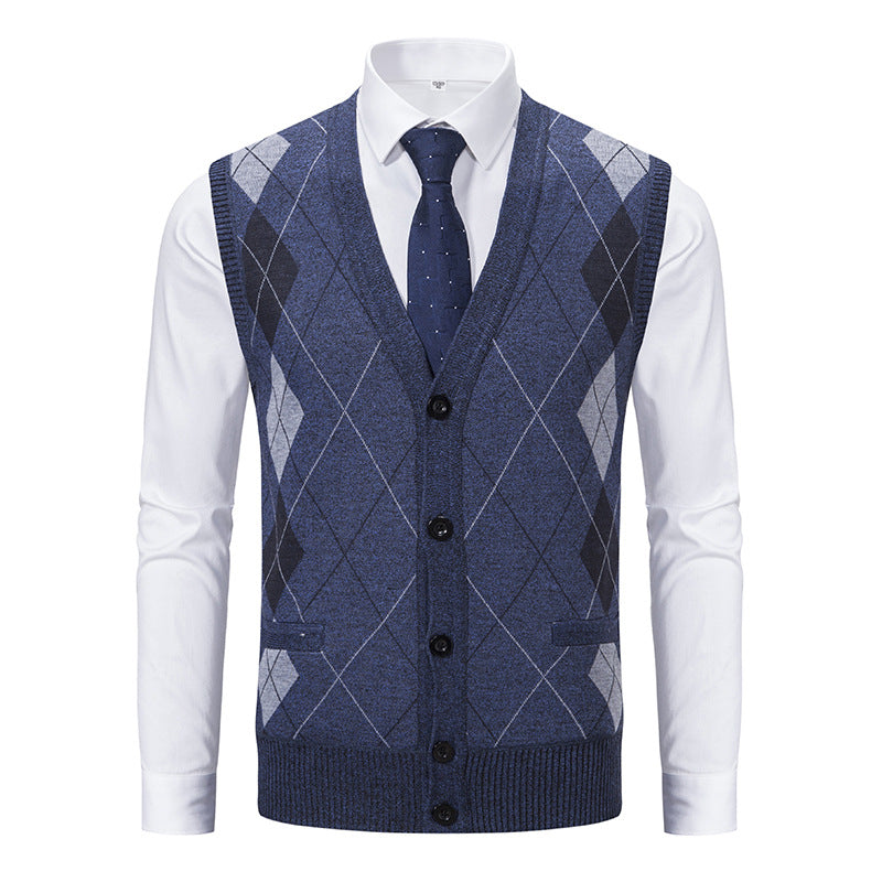 Herren nan ärmellose Strickweste mit Argyle-Muster, Teddyfutter und durchgehender Knopfleiste Drune