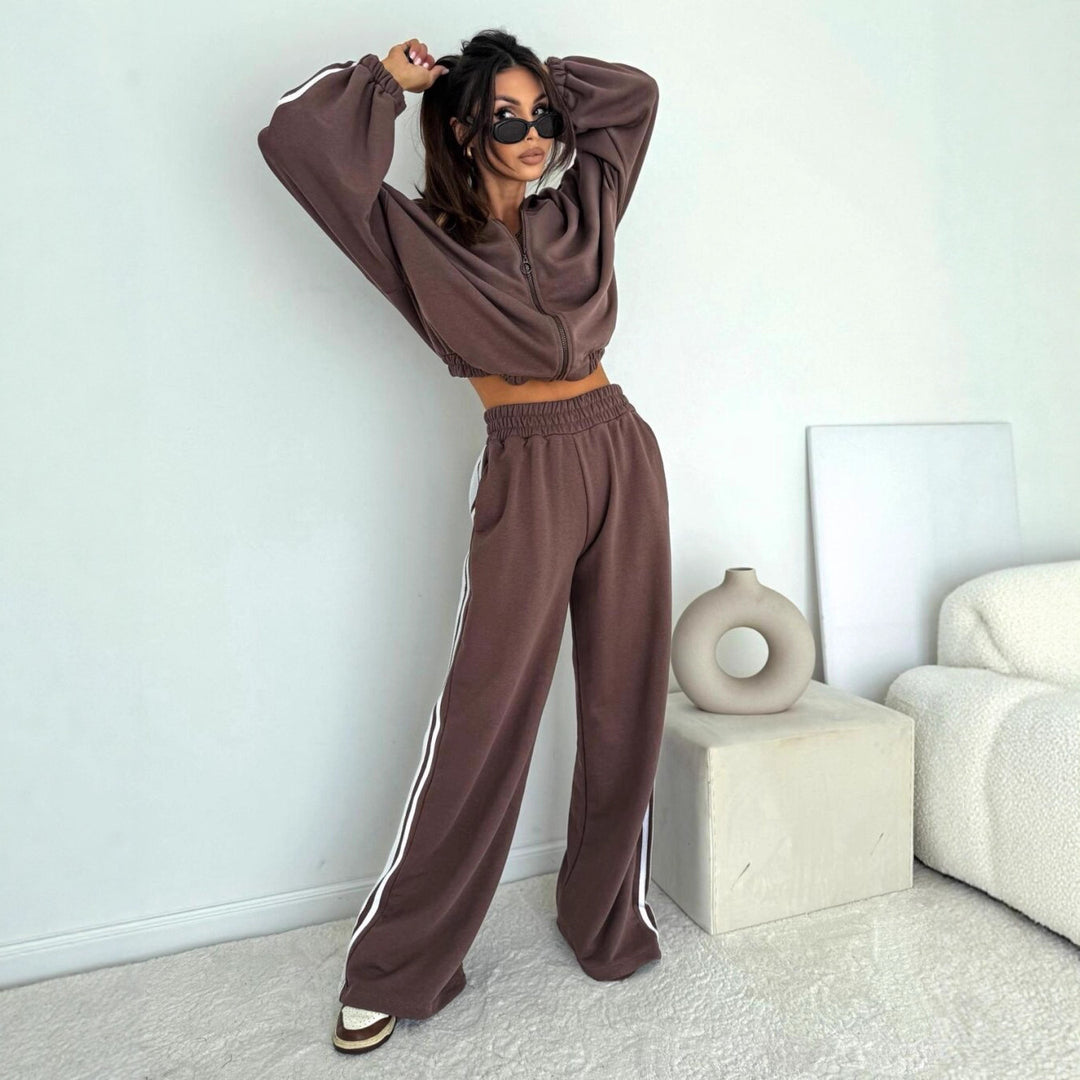 Damen cropped Zip-Hoodie mit voluminösen Ballonärmeln und High-Waist Relaxhose im sportlichen Seitenstreifen-Design Drune