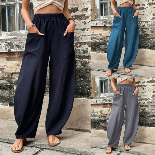 Damen Weite Leinen-Relaxhose mit praktischen Eingrifftaschen Drune