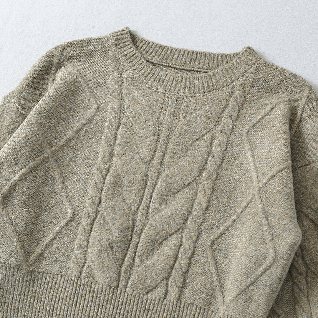 Damen Kurzer Zopfmuster-Strickpullover mit tailliertem Rippbündchen Drune