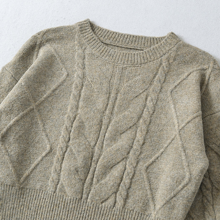Damen Kurzer Zopfmuster-Strickpullover mit tailliertem Rippbündchen Drune