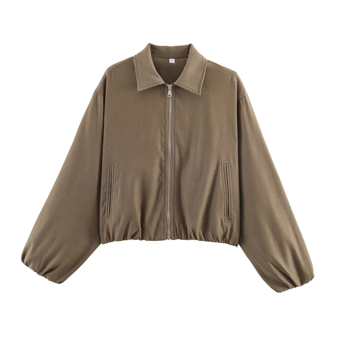Damen nan Cropped Bomberjacke mit durchgehendem Reißverschluss, weitem Ballonärmeln und elastischem Saum Drune