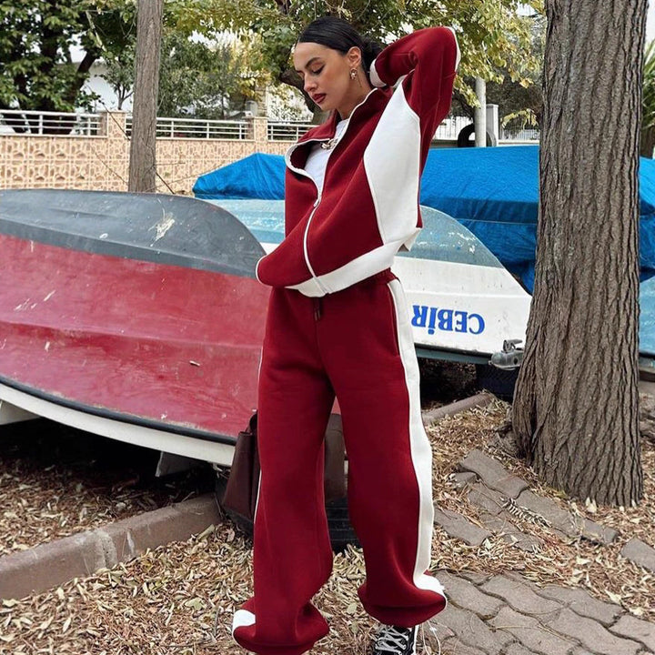 Damen athletisches Zweiteiler-Set aus strukturiertem Sweatstoff mit gekürzter Reißverschlussjacke und hochgeschnittener Jogginghose mit weitem Beinverlauf Drune
