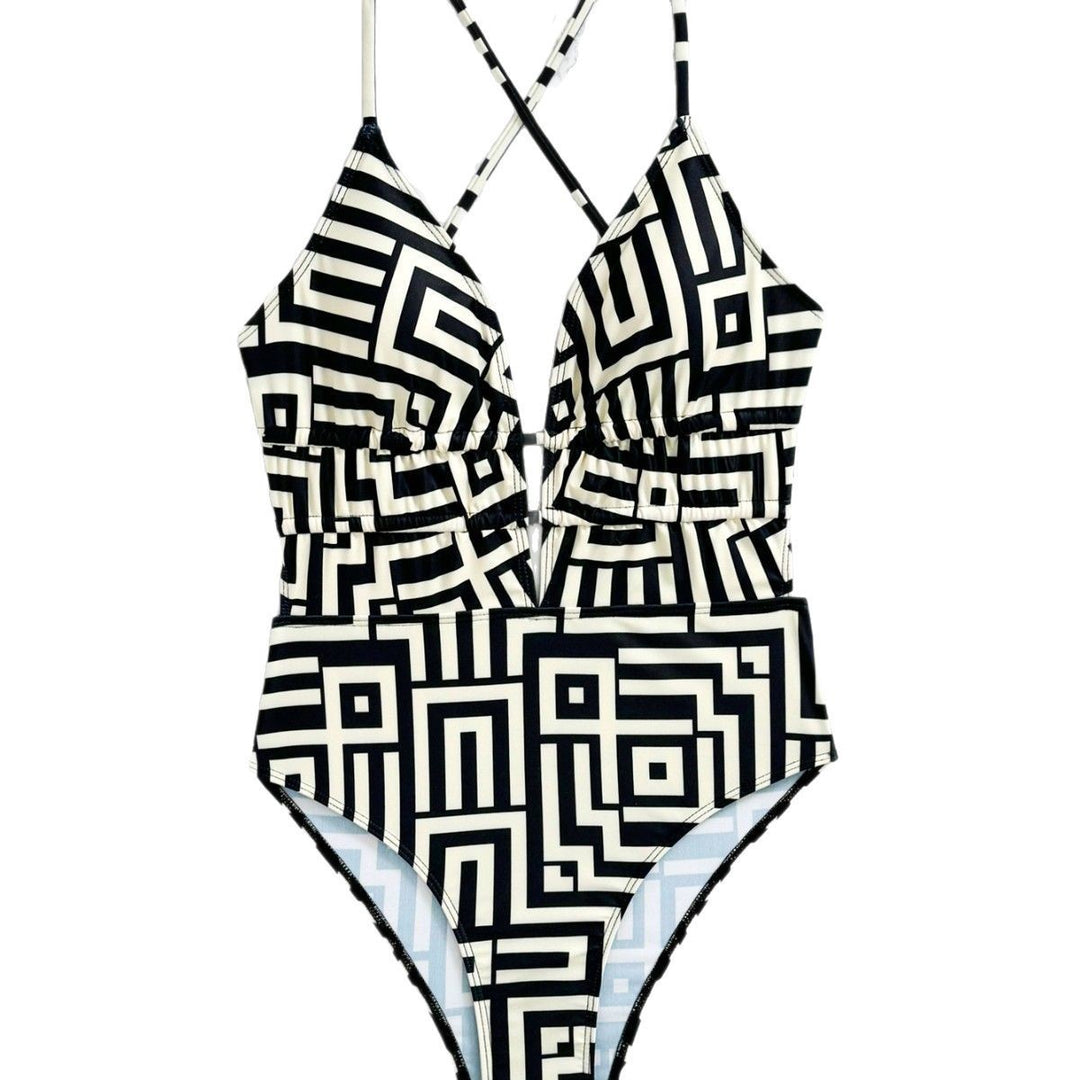 Damen Einteiliger Badeanzug mit geometrischem Muster Drune