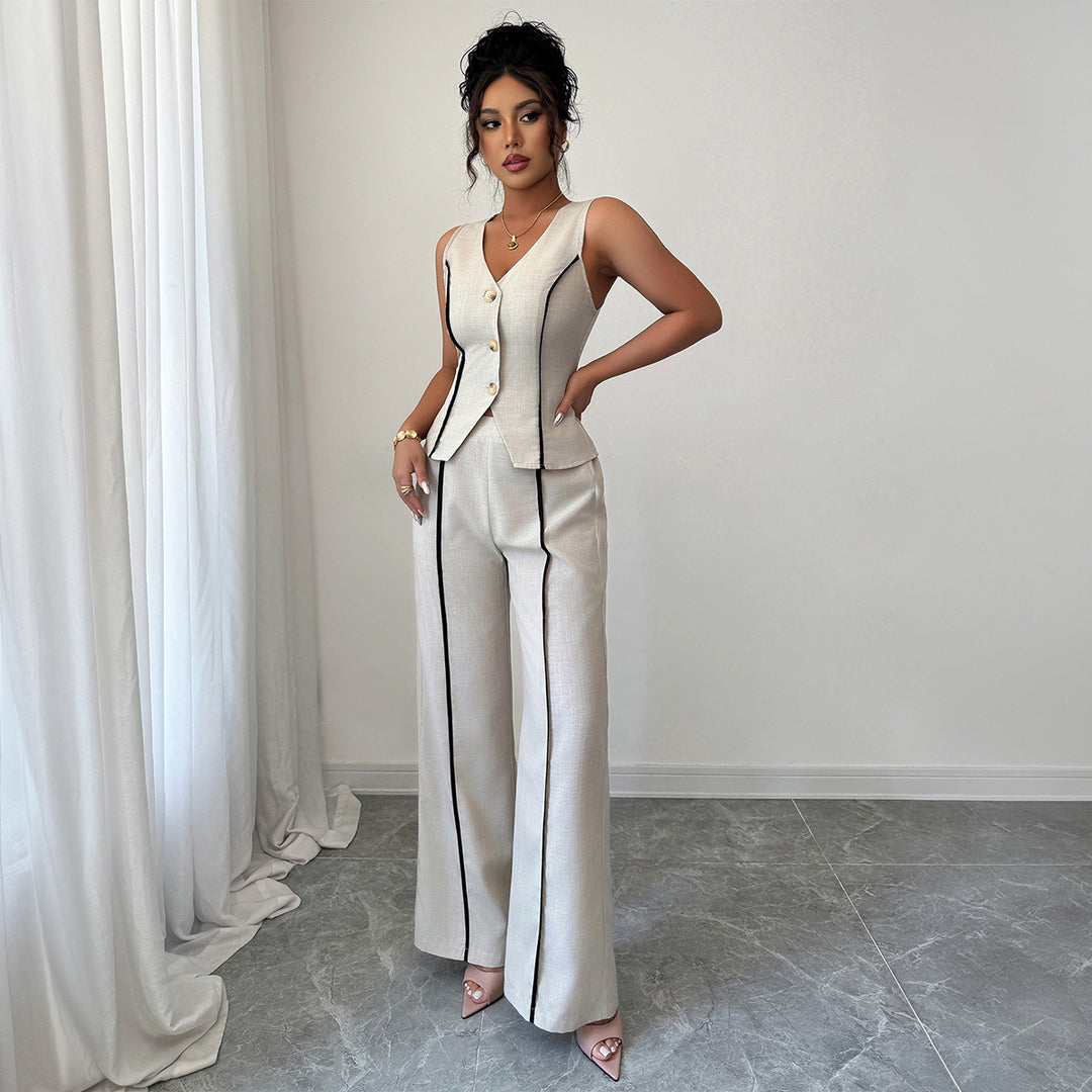 Damen elegante Hose-Anzug mit tailliertem Oberteil und Knopfdetails Drune