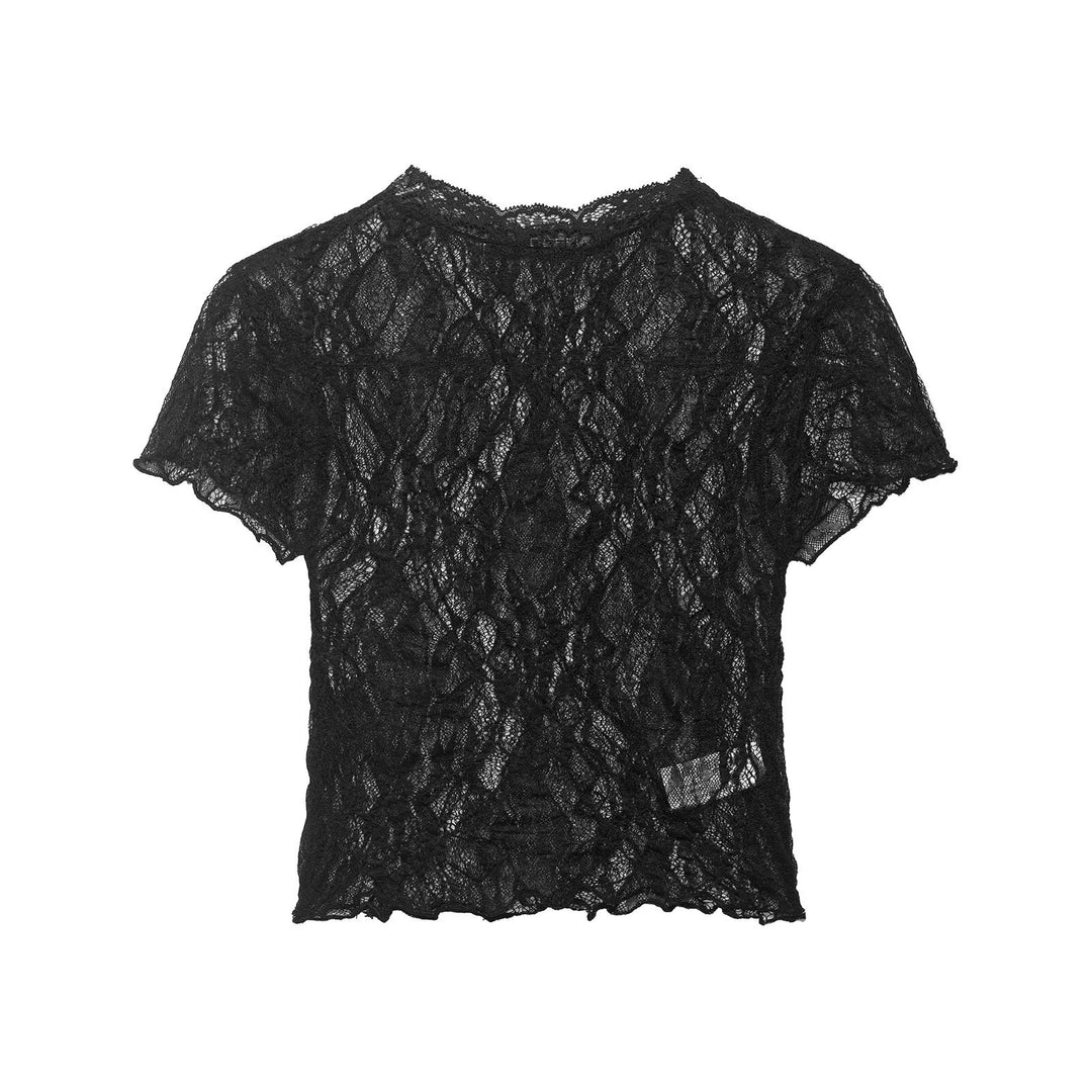 Damen Spitzen-Crop-Top mit feiner Struktur und voluminösen Ärmeln Drune