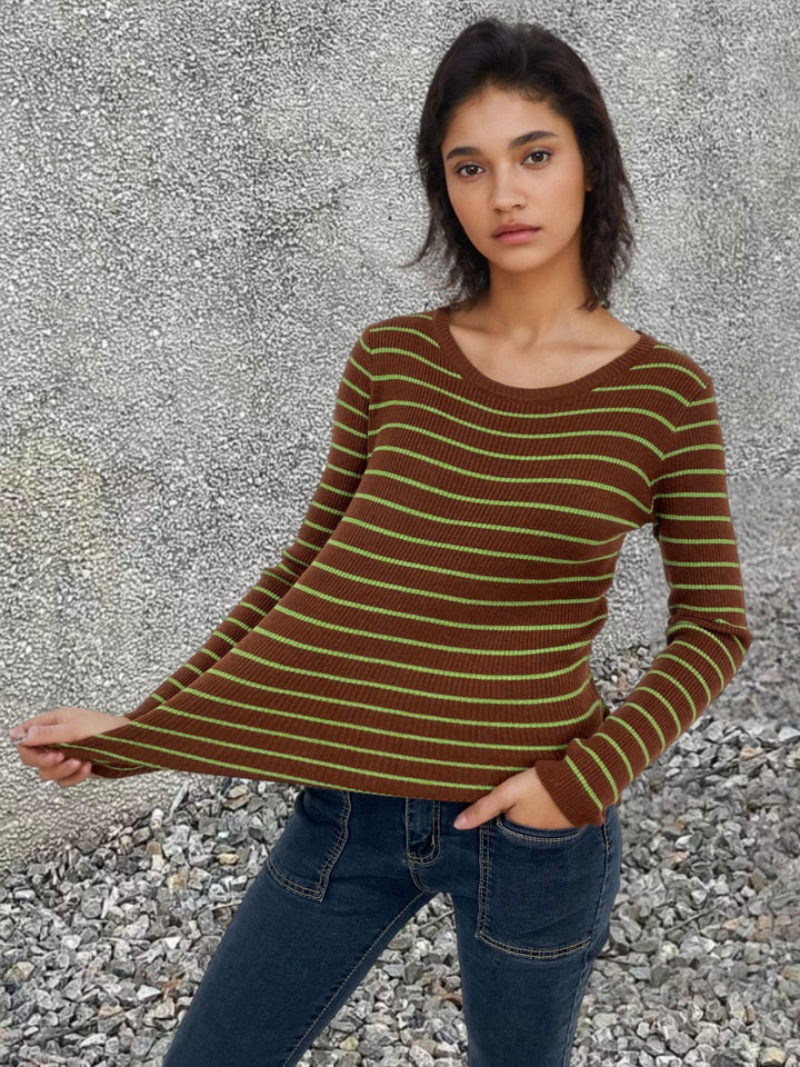 Damen Rippstrickpullover mit Streifenmuster und langen Ärmeln Drune