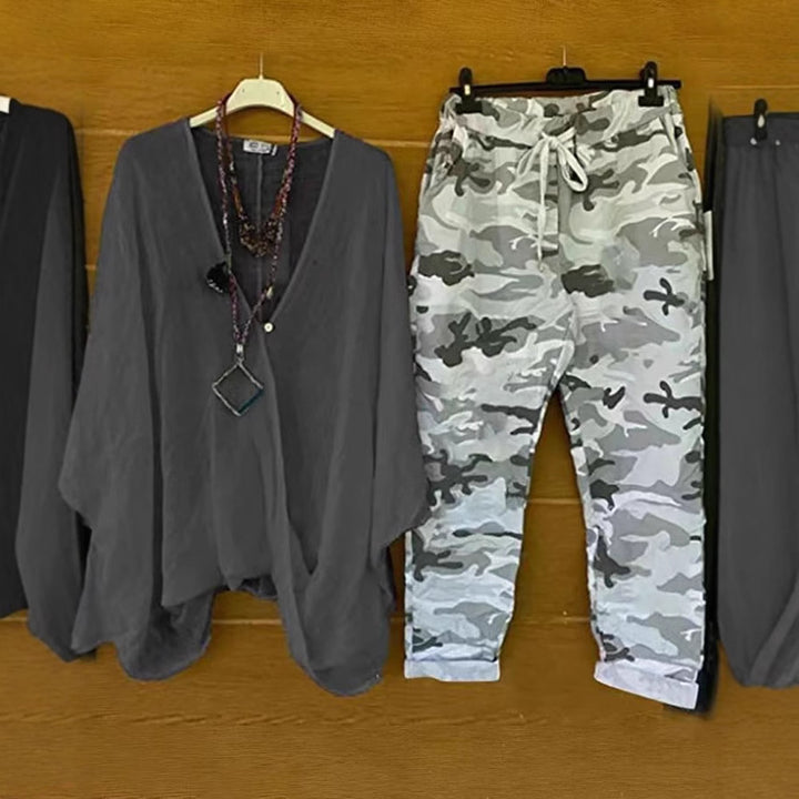 Damen nan Zweiteiler aus fließendem Kimono-Top und Camouflage-Jogginghose Drune