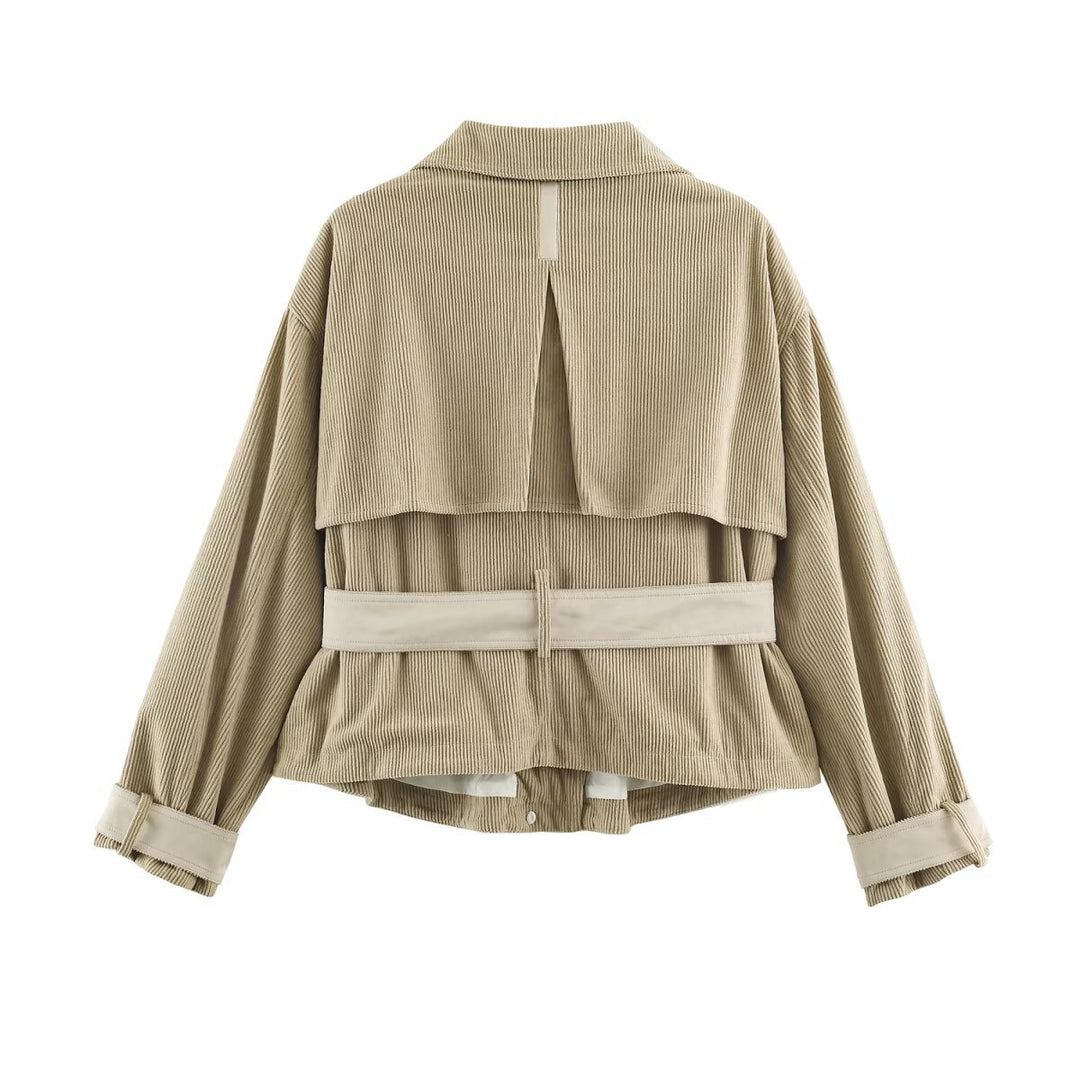 Damen Cordjacke aus Kord mit Taillengürtel und Druckknopfverschlüssen Drune