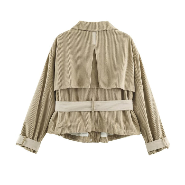 Damen Cordjacke aus Kord mit Taillengürtel und Druckknopfverschlüssen Drune