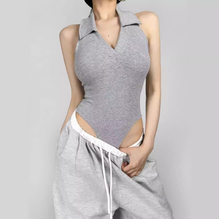 Damen figurbetontes Bodysuit mit modischem Kragen Drune