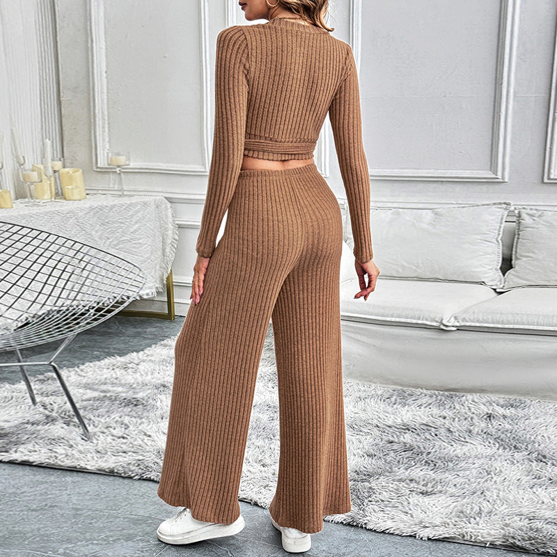 Damen Elegantes Strick-Set mit Wickeloberteil und weitem Bein Drune