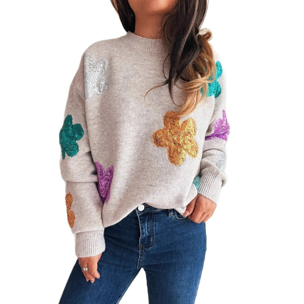 Damen Pullover mit bunten Paillettenblumen Drune