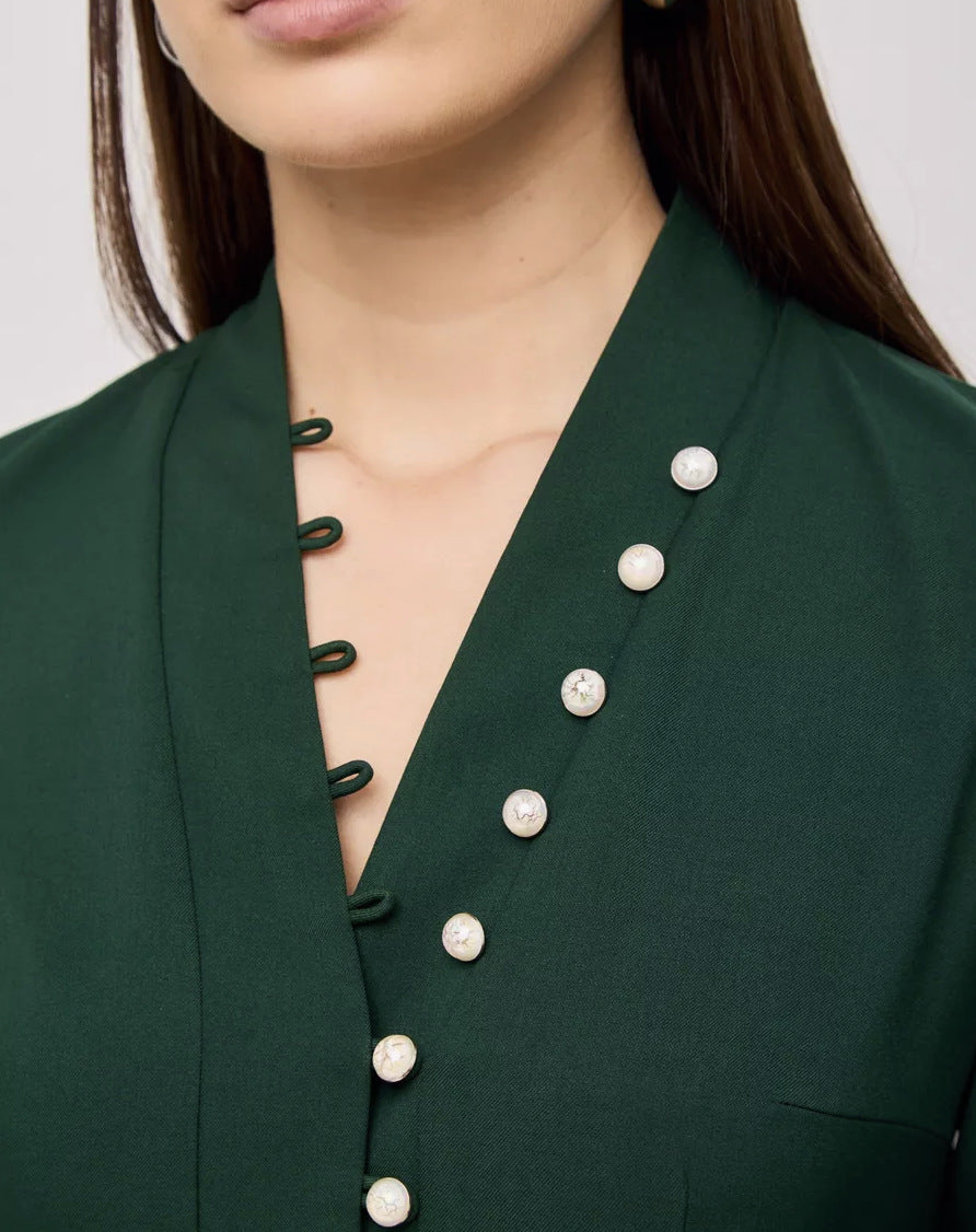 Damen elegantes Kleid mit Puffärmeln und Perlenknopfen Drune