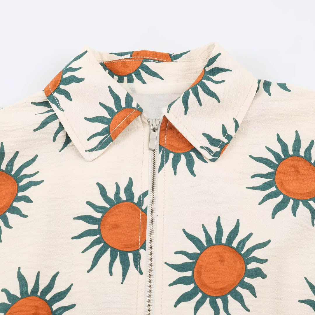 Damen Oversize Leichte Baumwolljacke mit Reißverschluss, Sonnen-Alloverprint und Tunnelzugbund Drune
