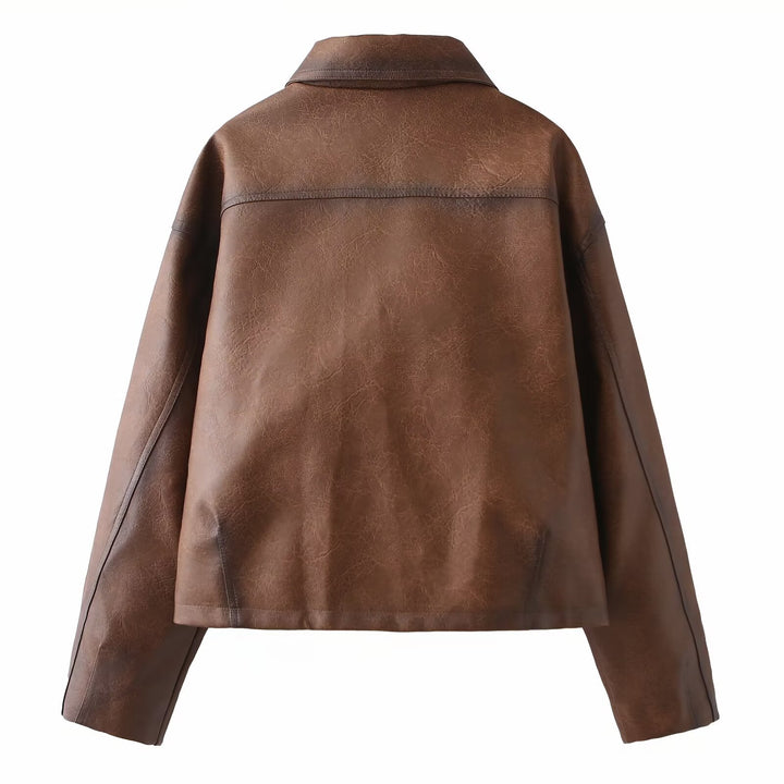 Damen Kurze Oversize-Lederimitatjacke mit Hemdkragen und aufgesetzten Pattentaschen Drune