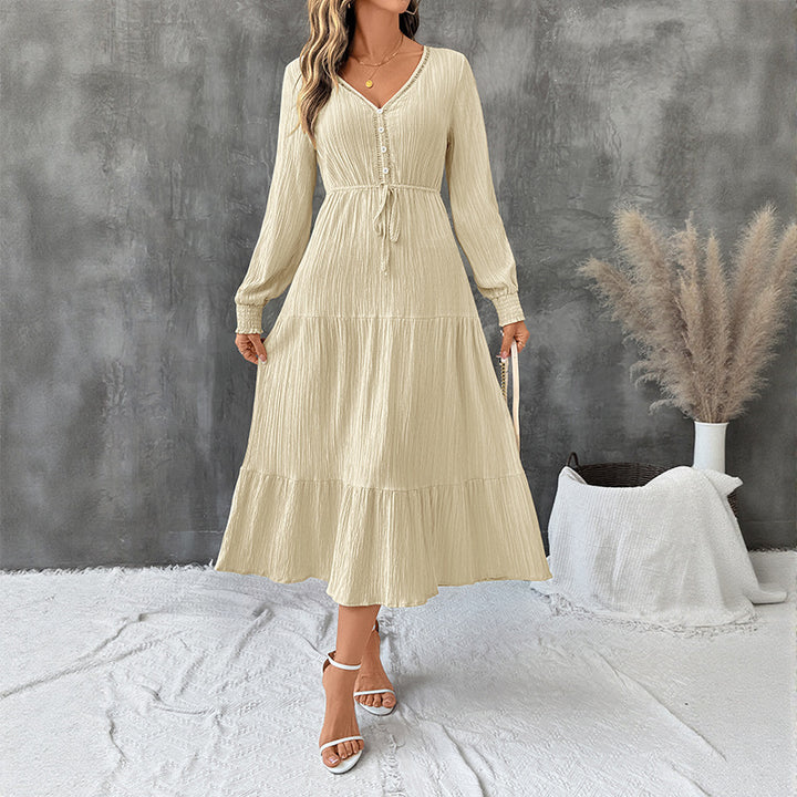 Damen Crinkle-Midikleid mit V-Ausschnitt, Knopfleiste, tailliertem Bindegürtel und Stufenrock Drune