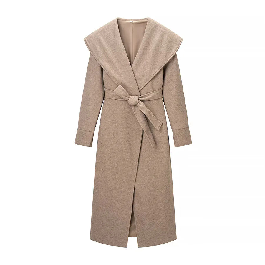 Damen nan langer Wickelmabsolutmantel mit voluminösem Schalkragen und Taillengürtel Drune