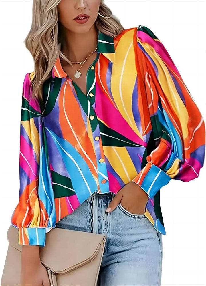 Damen Bluse mit dynamischem Farbverlauf und modernen Puffärmeln Drune