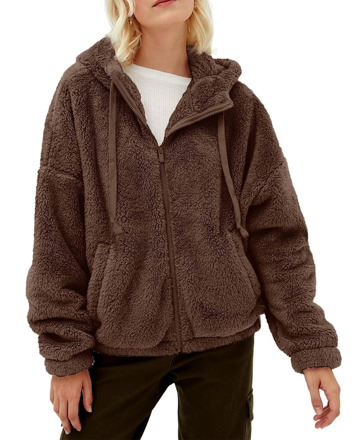 Damen Flauschige Kapuzenjacke mit praktischen Taschen und Reisverschluss Drune