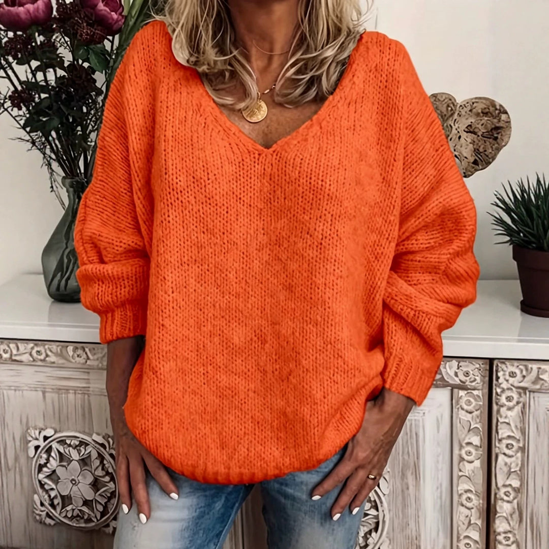 Damen Legerer V-Ausschnitt Pullover aus feiner Waffelstrickstruktur mit überschnittener Schulter Drune