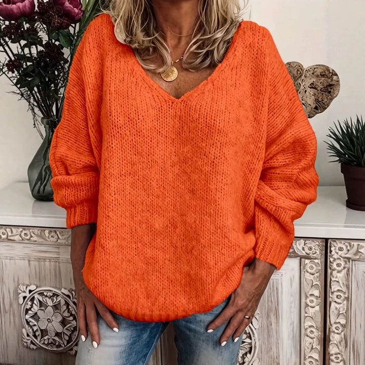 Damen Legerer V-Ausschnitt Pullover aus feiner Waffelstrickstruktur mit überschnittener Schulter Drune
