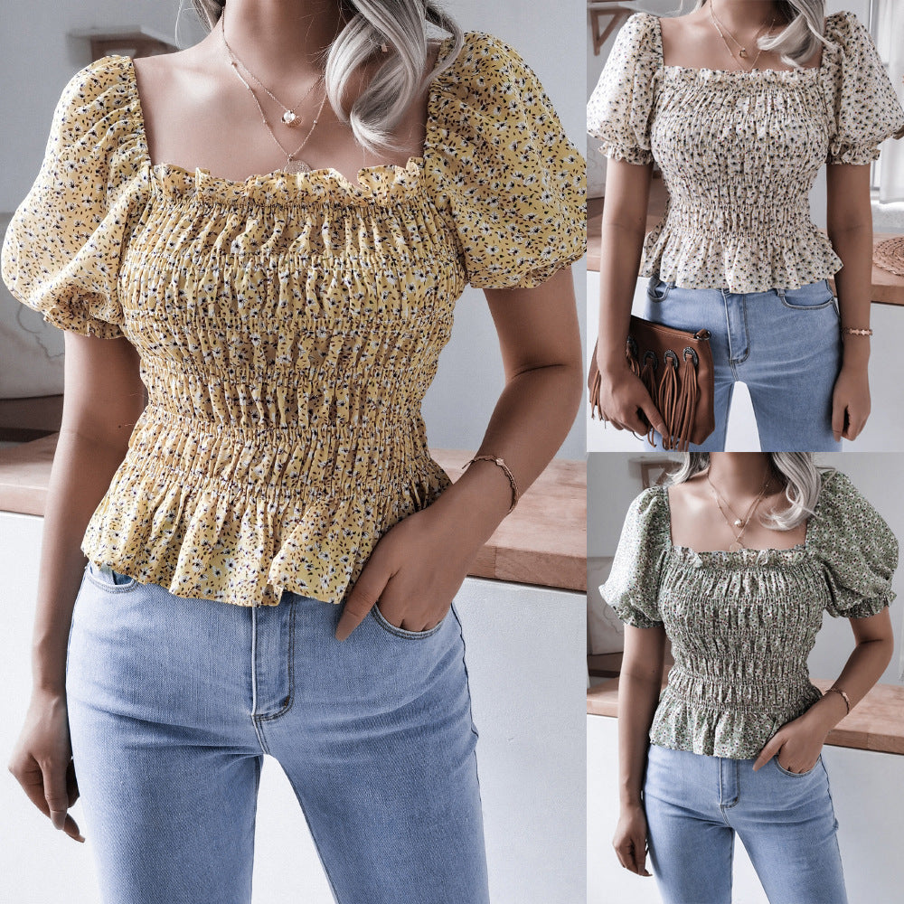 Damen Volantbluse mit elastischer Taille und Puffärmeln Drune