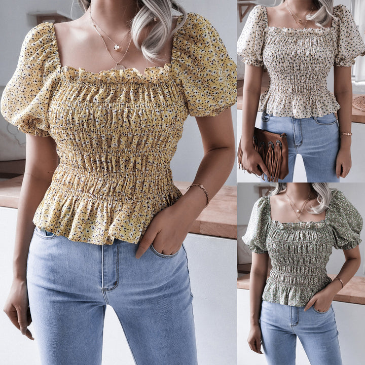 Damen Volantbluse mit elastischer Taille und Puffärmeln Drune