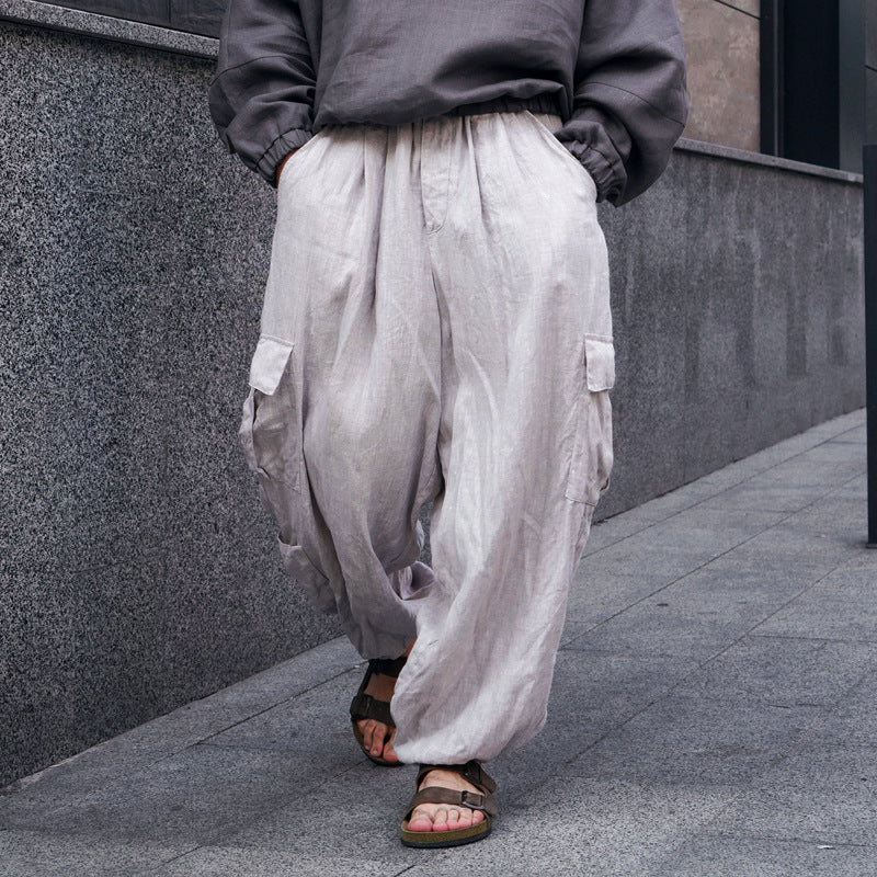 Herren Weite Leinen-Cargohose mit elastischem Bund, Falten und aufgesetzter Seitentasche Drune