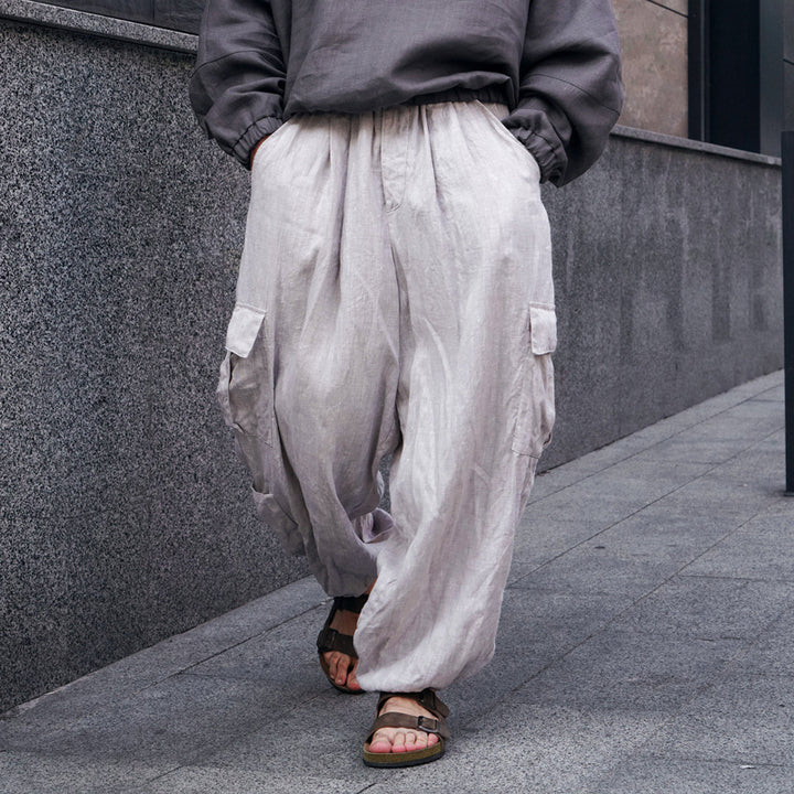 Herren Weite Leinen-Cargohose mit elastischem Bund, Falten und aufgesetzter Seitentasche Drune