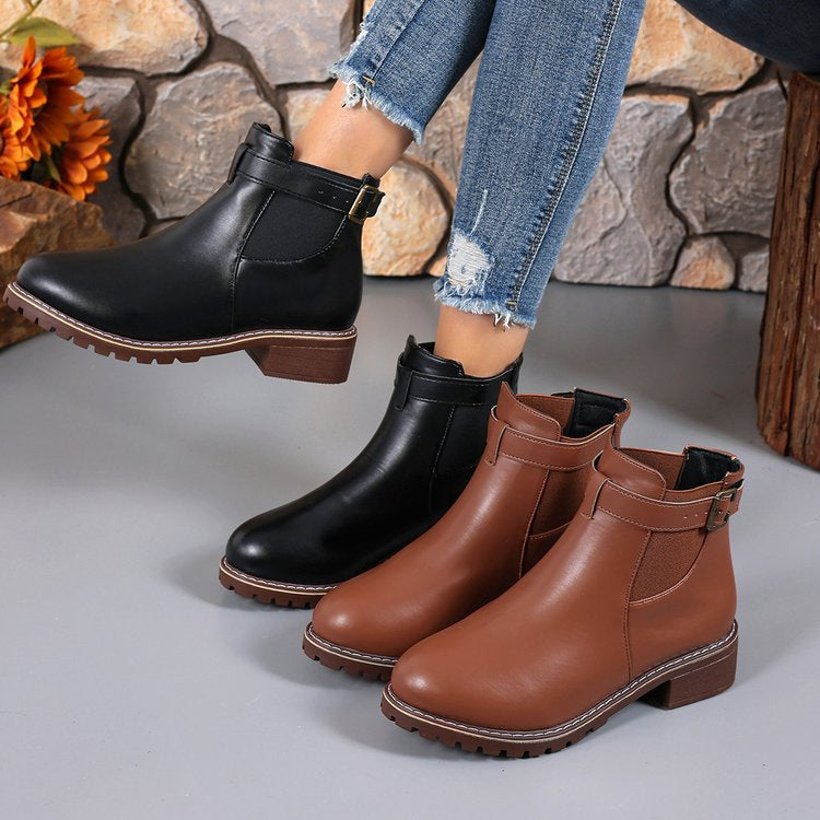 Damen Wildleder-Optik Chelsea-Stiefelette mit dekorativem Schnallenriemen, elastischem Einsatz und grober Profilsohle Drune