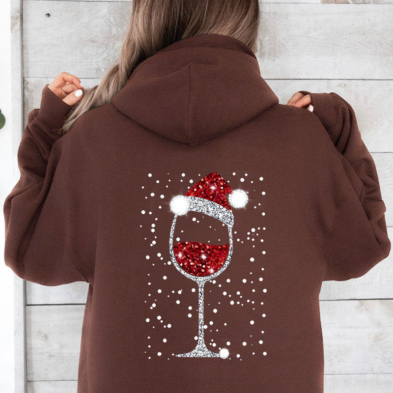 Damen Oversize Kapuzenpullover mit weihnachtlichem Glitzer-Weinglas-Print Drune