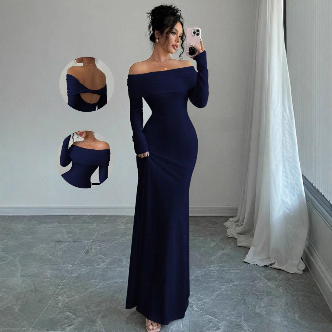 Damen Elegantes Off-Shoulder-Maxikleid mit figurbetontem Schnitt und langen Ärmeln Drune