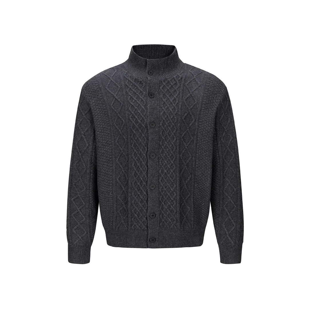 Herren Strickcardigan mit Zopfmuster, Stehkragen und knöpfbarer Front Drune