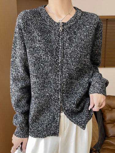 Damen Melierter Reißverschluss-Cardigan mit Zwei-Wege-Zipper und gerippten Bündchen Drune