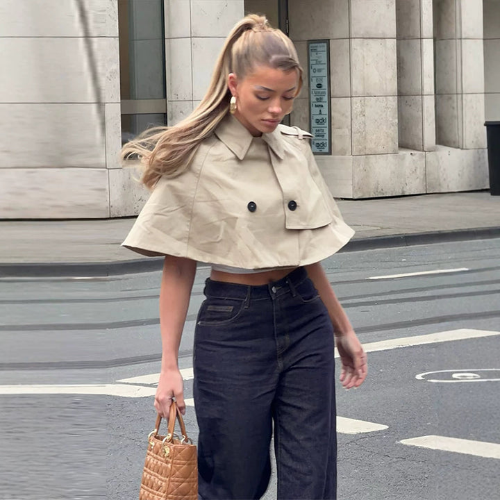 Damen Cropped Cape-Trench mit doppelreihiger Knopfleiste und Schulterklappen Drune