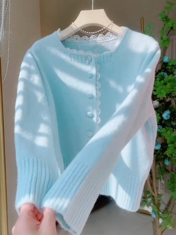 Damen Verspielte Strickjacke mit Spitzenelementen Drune