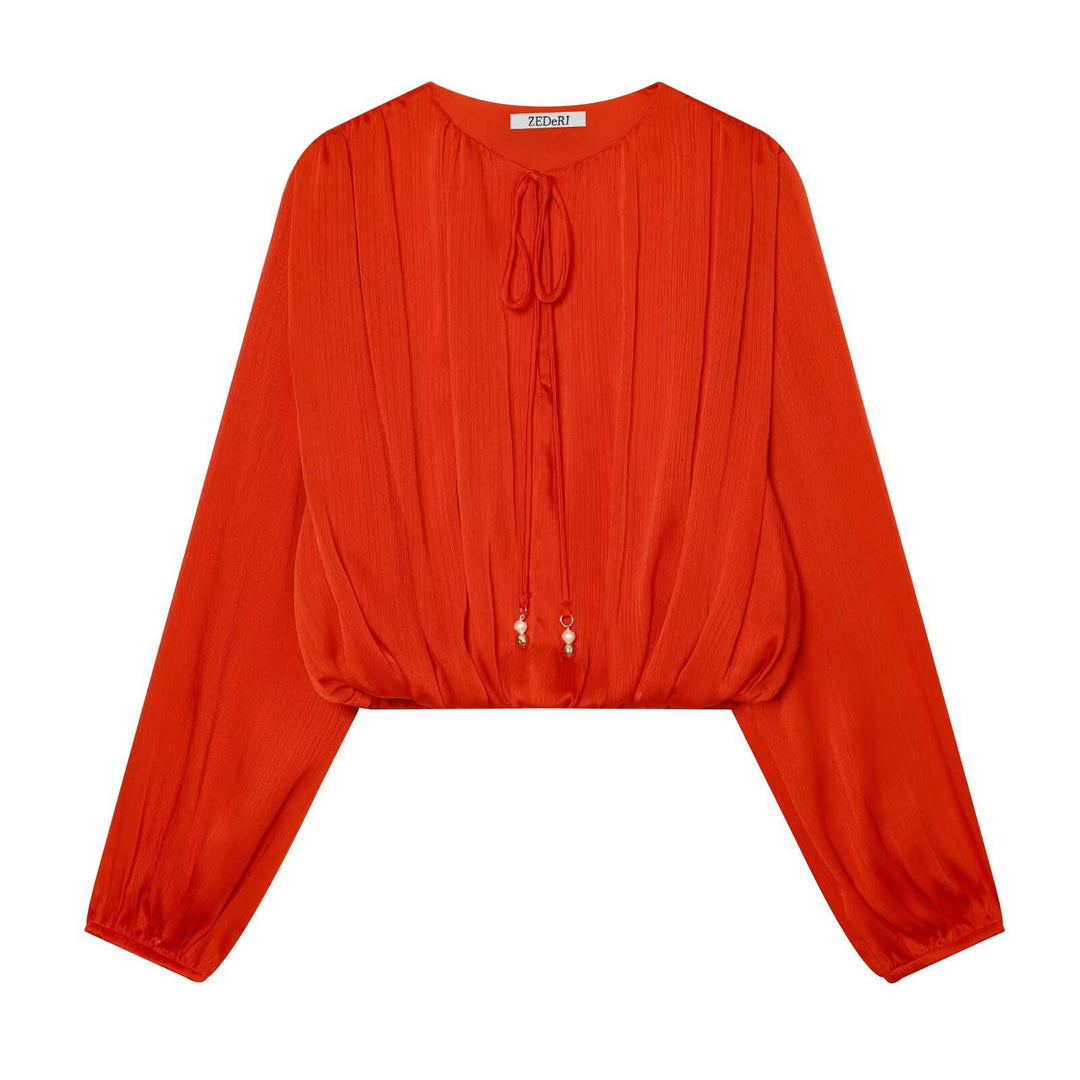 Damen Plissierte Cropped-Bluse mit Kordelzug und Ballonärmeln Drune