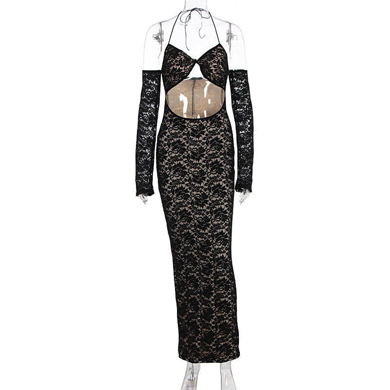 Damen aufregendes Spitzenkleid mit tiefem Rückenausschnitt und langem Arm Drune