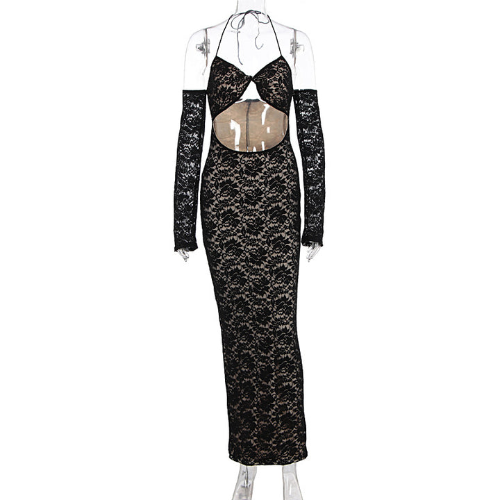 Damen aufregendes Spitzenkleid mit tiefem Rückenausschnitt und langem Arm Drune